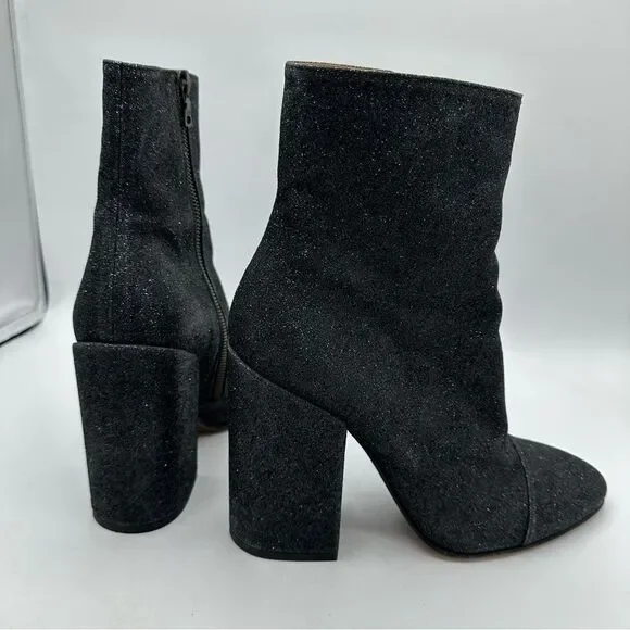 Dries Van Noten Black Glitter Block Heel Side-zip‎ Designer Bootie Boots Sz 9.5
